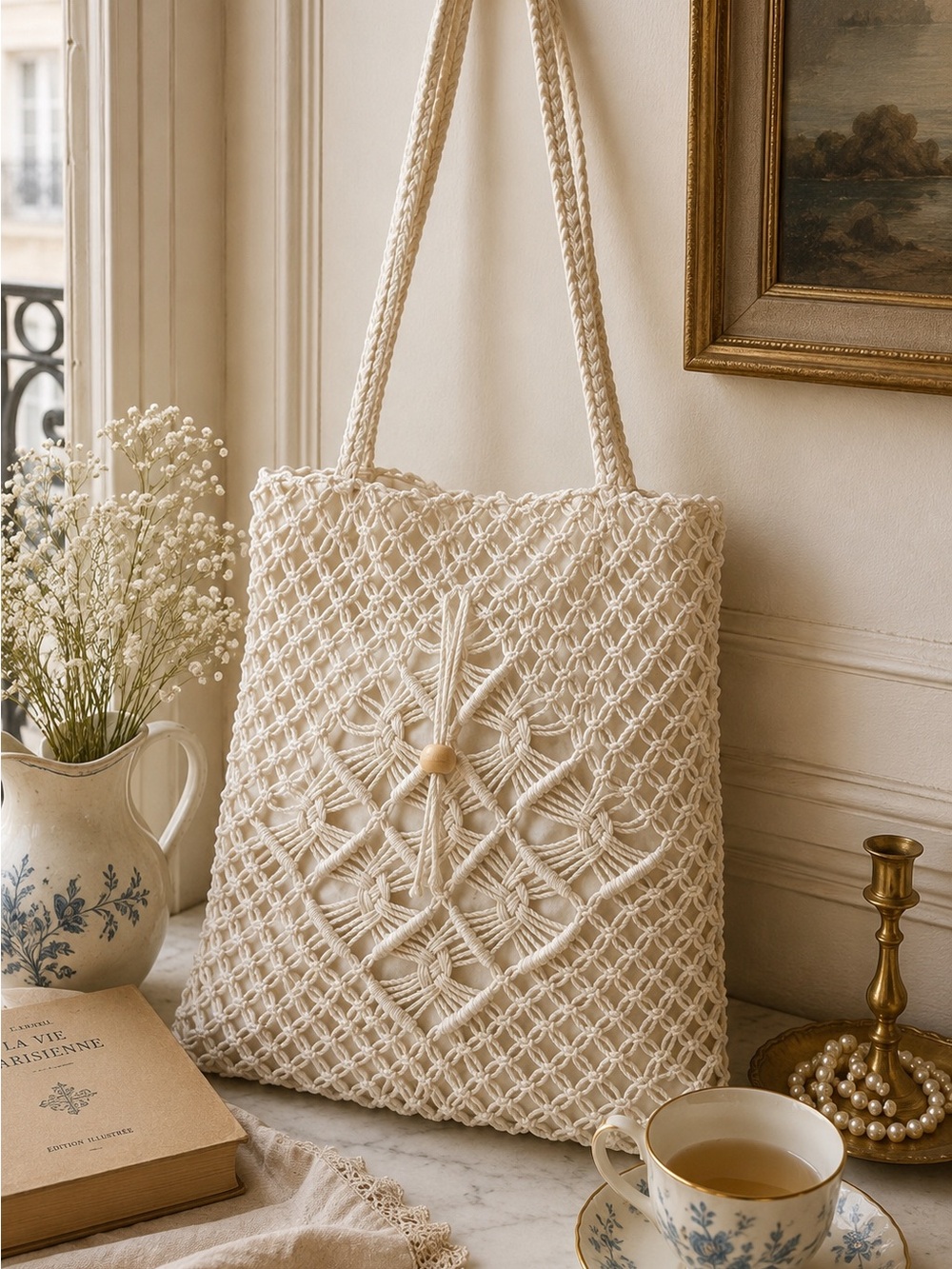 Handcrafted Cream Macramé Tote Bag with Rope Handles